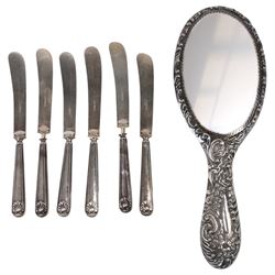 Silver mounted dressing table mirror, together with six silver handled knives, all hallmarked 