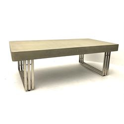 Contemporary faux concrete top rectangular coffee table, raised on shaped steel supports 