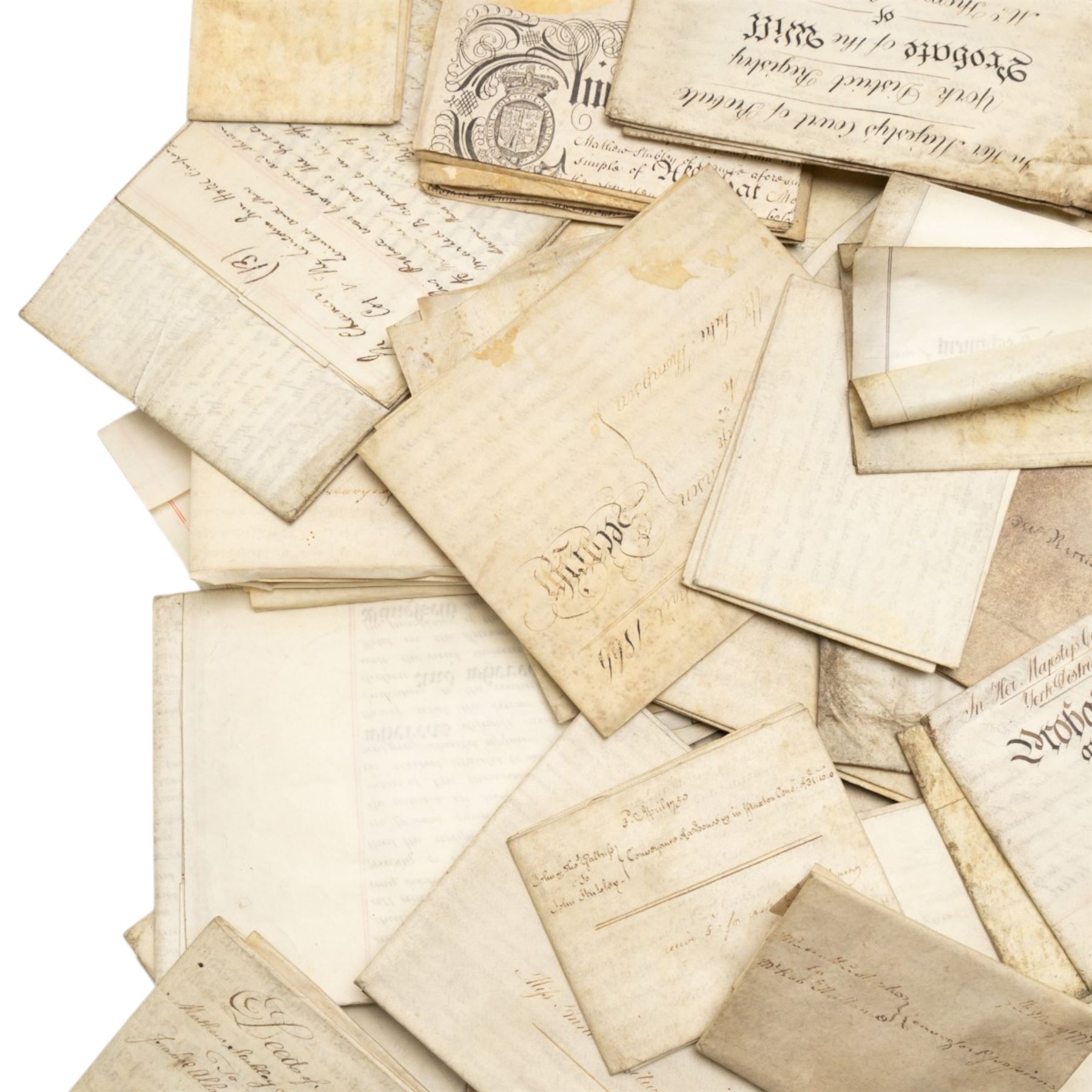 Yorkshire and miscellaneous deed interest - large collection of 18th and 19th century vellum indentures, wills, probate documents and property papers relating to wider Yorkshire towns and villages including Malton, Northallerton, Easingwold, Scarborough, the Humber, Barnsley, Ecclesfield, Great Leavening, Barton in the Willows, Flaxton and other areas, with documents concerning farmers, yeomen, tradesmen and landed families, many retaining wax seals and revenue stamps, together with a small quantity of non-Yorkshire and overseas-interest material including probate of Knobel Louis Benjamin du Gue, formerly of Brindisi, Italy, steam shipping agent, later of St Leonards-on-Sea, Sussex,  in one large box