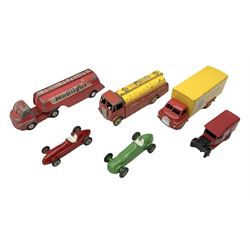 Dinky - five unboxed and playworn die-cast models comprising Supertoys Big Bedford Van 'Heinz' No.923; A.E.C. Monarch Thompson Tank; Maserati Racing Car No.231; H.W.M. Racing Car 23J; and Royal Mail Van; together with a Corgi Mobilgas Tanker (6)
