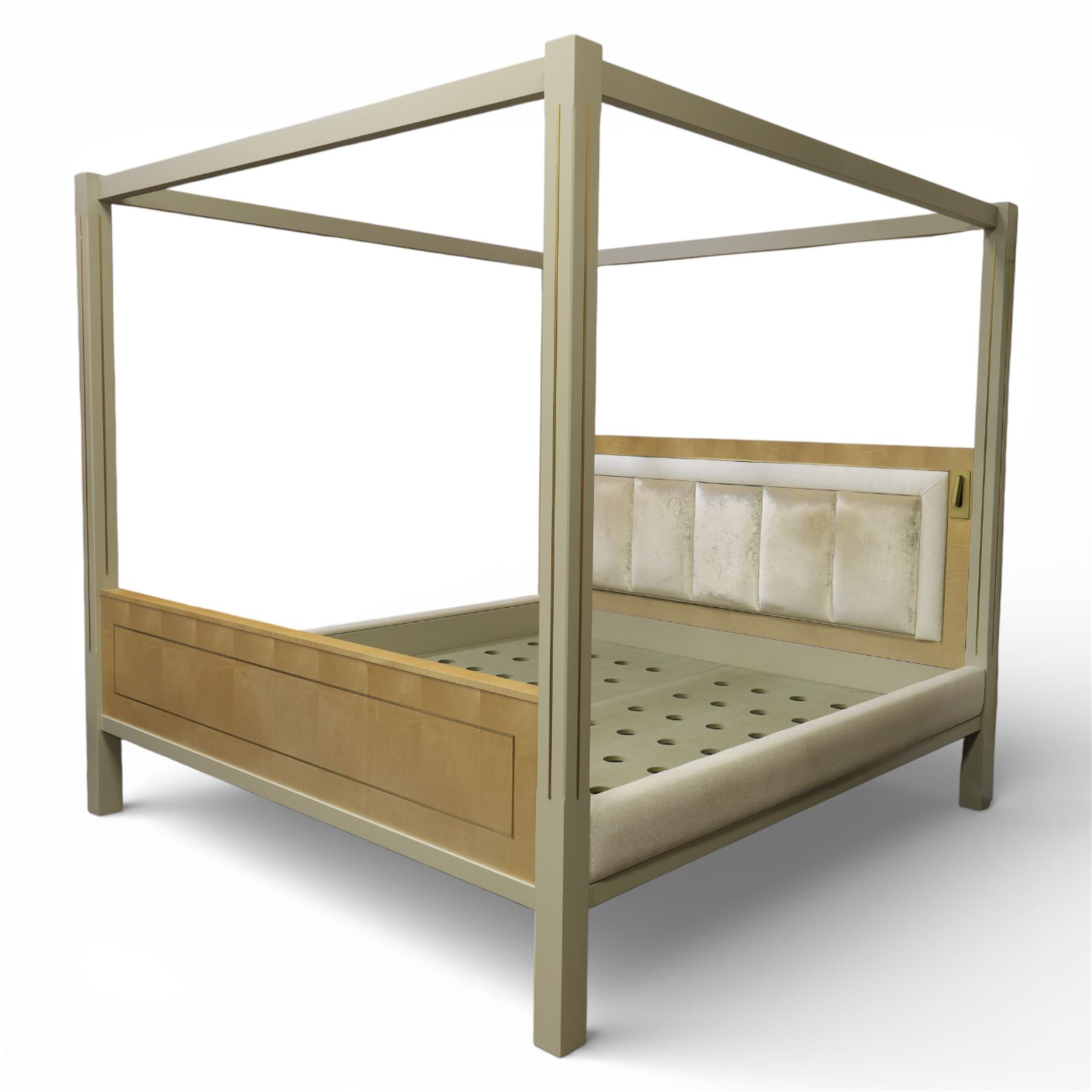 Contemporary maple and inlaid brass Emperor sized four poster bed, rectangular canopy frame with square section uprights, panelled headboard incorporating a padded upholstered inset, flanked by brass reading light fittings, low footboard with moulded panel detail, raised on square inlaid brass supports