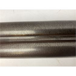 19th century John Jefferson of Scarborough 6-bore (modern 4-bore) double barrel side-by-side percussion gun, with 81cm stub twist damascus barrels (no provision for ramrod), well figured walnut stock with fine chequered grip and fore-end with horn tip and steel butt plate with long tang, well engraved lock and hammers with half-cock safeties on both sides, barrel sling swivel but rear sling swivel removed and replaced with silver escutcheon, London proofmarks, NVN, L128cm