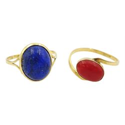 Gold lapis lazuli ring and a gold coral ring, both 18ct