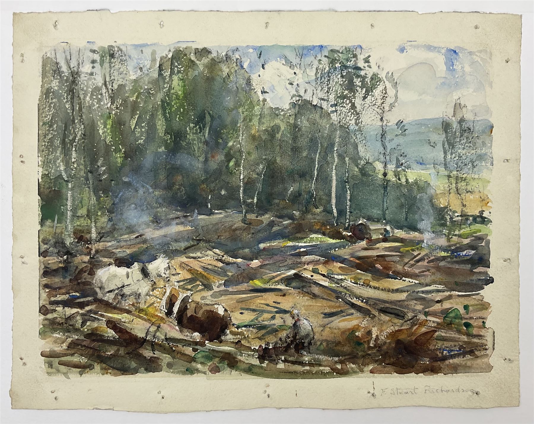 Frederic Stuart Richardson (Staithes Group 1855-1934): 'Hauling Timber above Gatcombe - Long Ashton' Somerset, set three watercolours signed in the margin, titled verso 21cm x 29cm (3) (mounted)
