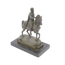After the antique, bronzed figure of Marcus Aurelius upon horseback, on a rectangular stone base, H22cm   