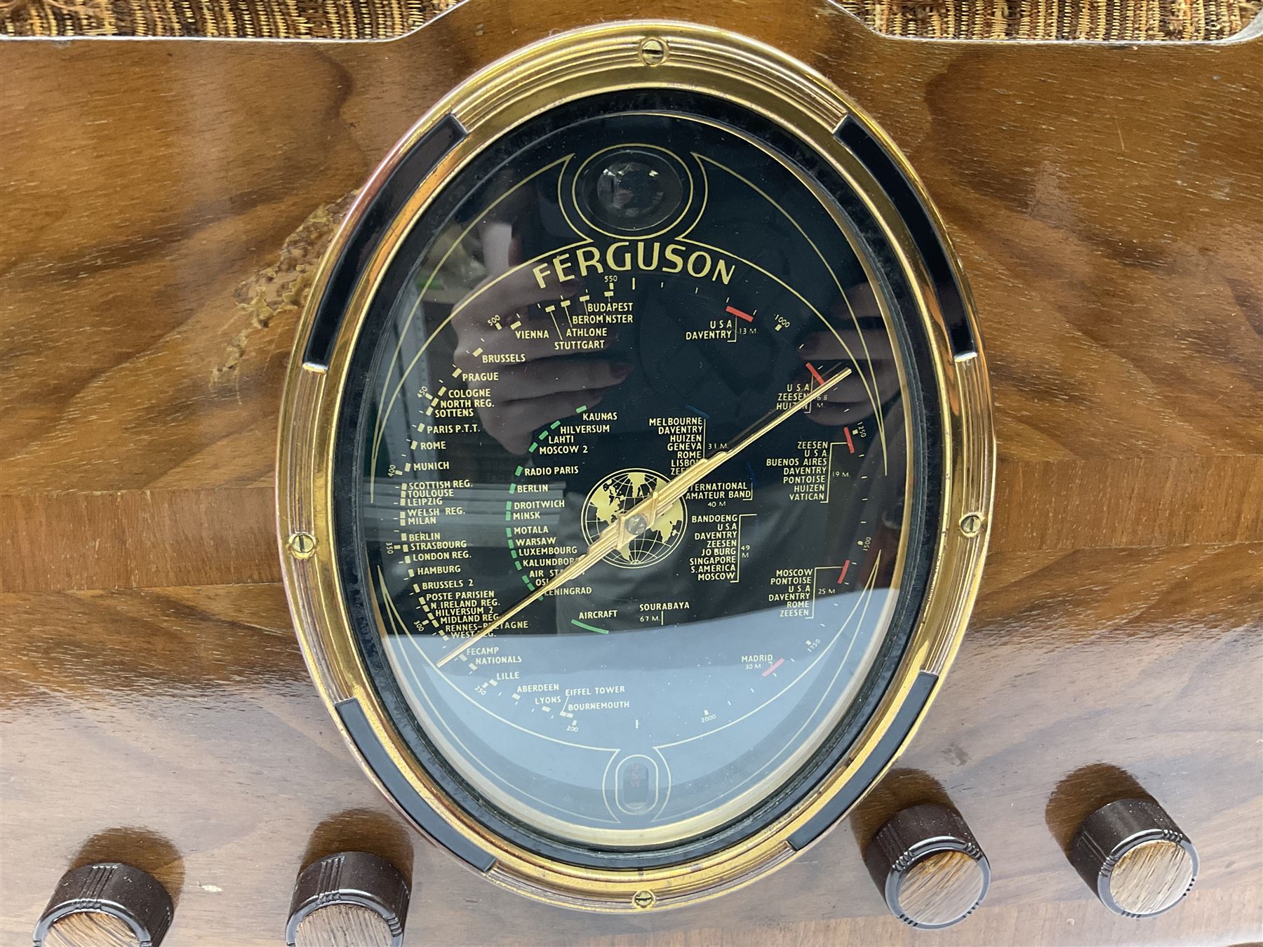 Late 1930s Art Deco Ferguson 503AC walnut cased valve radio, with glazed oval dial above four Bakelite knobs, H55cm D28cm W42cm