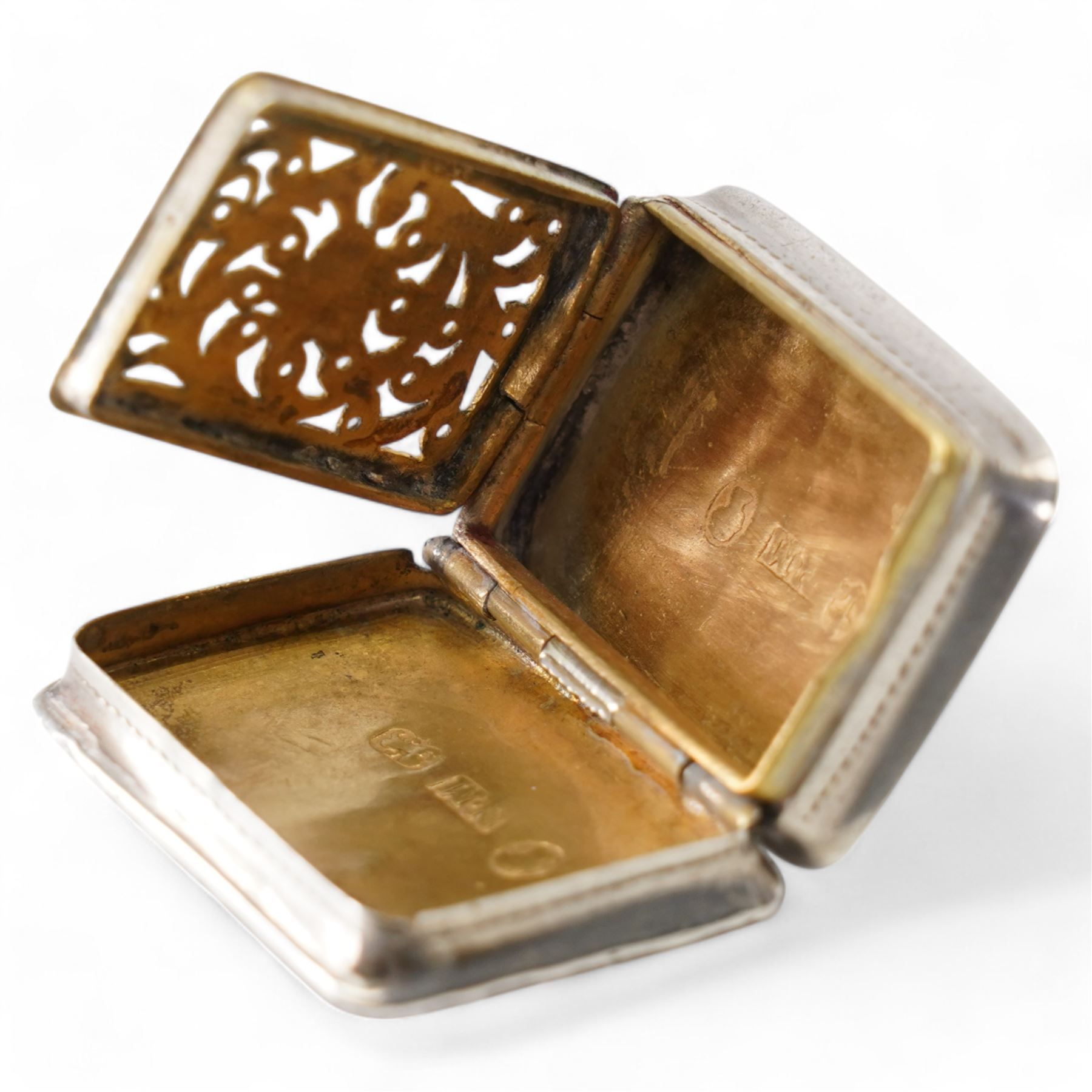 Victorian rectangular silver vinaigrette with inscription and floral engraving, hinged pierced grille  Birmingham circa 1840 Maker Nathaniel Mills