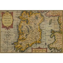 John Speed (British 1552-1629): 'England Wales Scotland and Ireland Described and Abridged', frontispiece and set of four engraved maps with hand-colouring of the British Isles from the miniature pocket-sized edition pub. c.1666, 9cm x 13cm (5)
