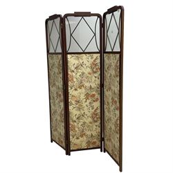 Edwardian inlaid mahogany three-fold screen, the cresting rail carved with linen garland over glazed panel and floral upholstered panel 