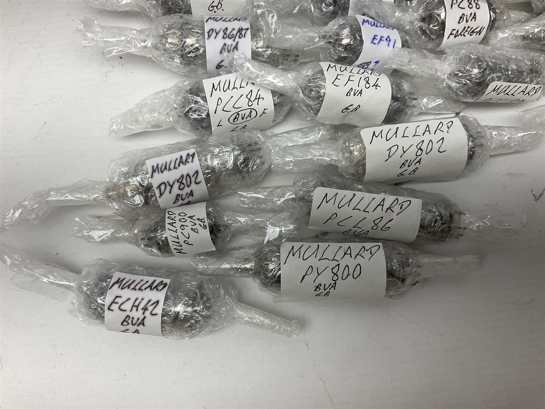 Collection of Mullard thermionic radio valves/vacuum tubes, including IW3, ECH35, ECL80, 6F23, PY88 etc approximately 60 as per list, unboxed