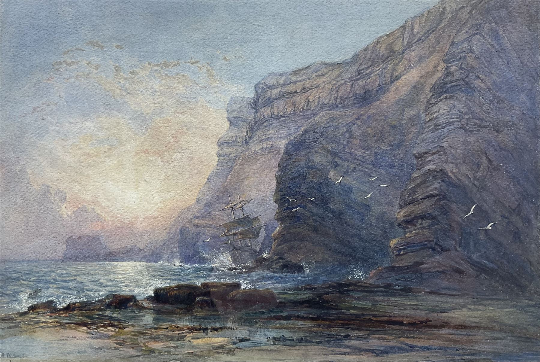 Mary Weatherill (British 1834-1913): Sailing Vessel Run Aground near Saltwick Nab Whitby, watercolour signed 24cm x 35cm 
Provenance: private collection, gifted to the vendor's mother c.1945