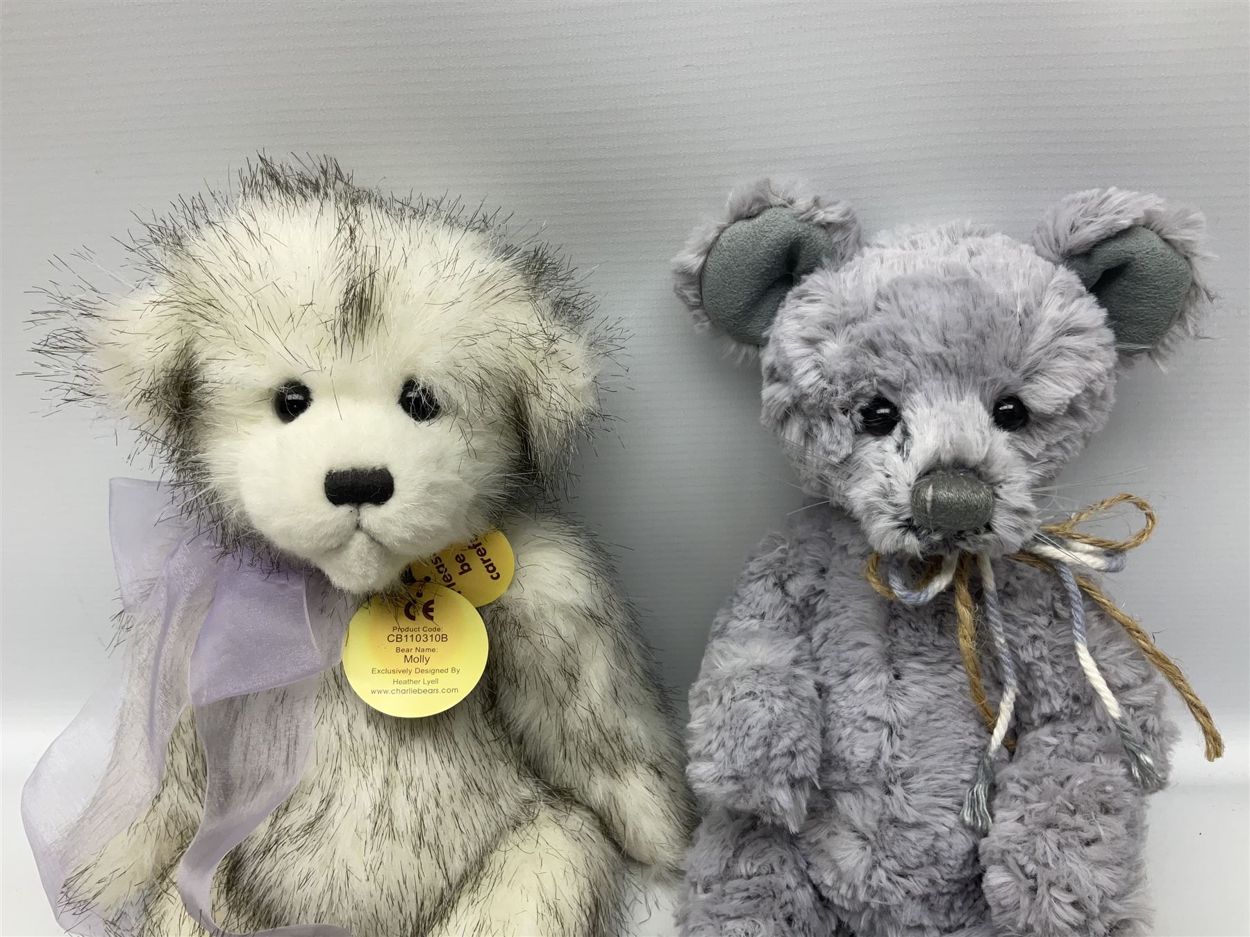 Eight Charlie Bears, comprising limited edition example Nina CB171785A, designed by Isabelle Lee, limited to 3000, Nyah CB191931A, designed by Isabelle Lee, Molly CB110310B, designed by Heather Lyell, Mooch CB206025O, and Gallivant CB195197O, each with tags, plus three lacking tags, CB165133, and two small unnamed examples