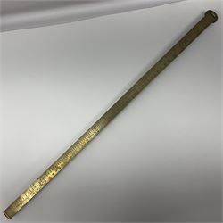 WW2 Air Ministry brass dip-stick of square section stamped A(crown)M H646589/43/C22C; two sets of graduations 'For Use With 50 Gallon Barrels Bulged Sides Only' and 'For Use With 50 Gallon Drums Straight Sides Only' L72cm
