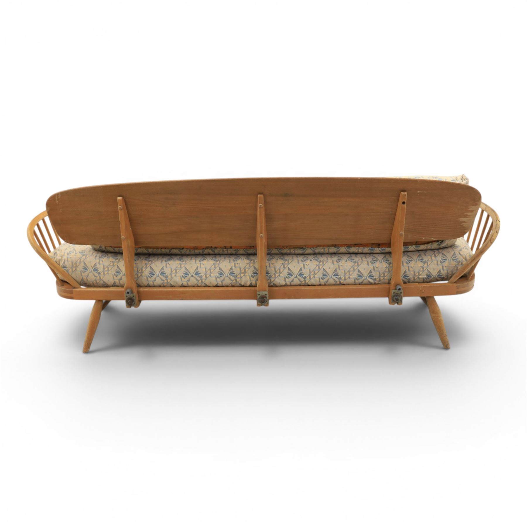 Lucian Ercolani for Ercol - 'Studio Couch' model no. 355, elm and beech framed, with loose geometric cushions