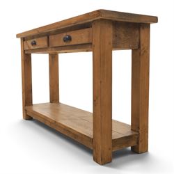 Indigo Furniture - rustic oak console table, two frieze drawers metal cup handles, stile supports with full length undertier