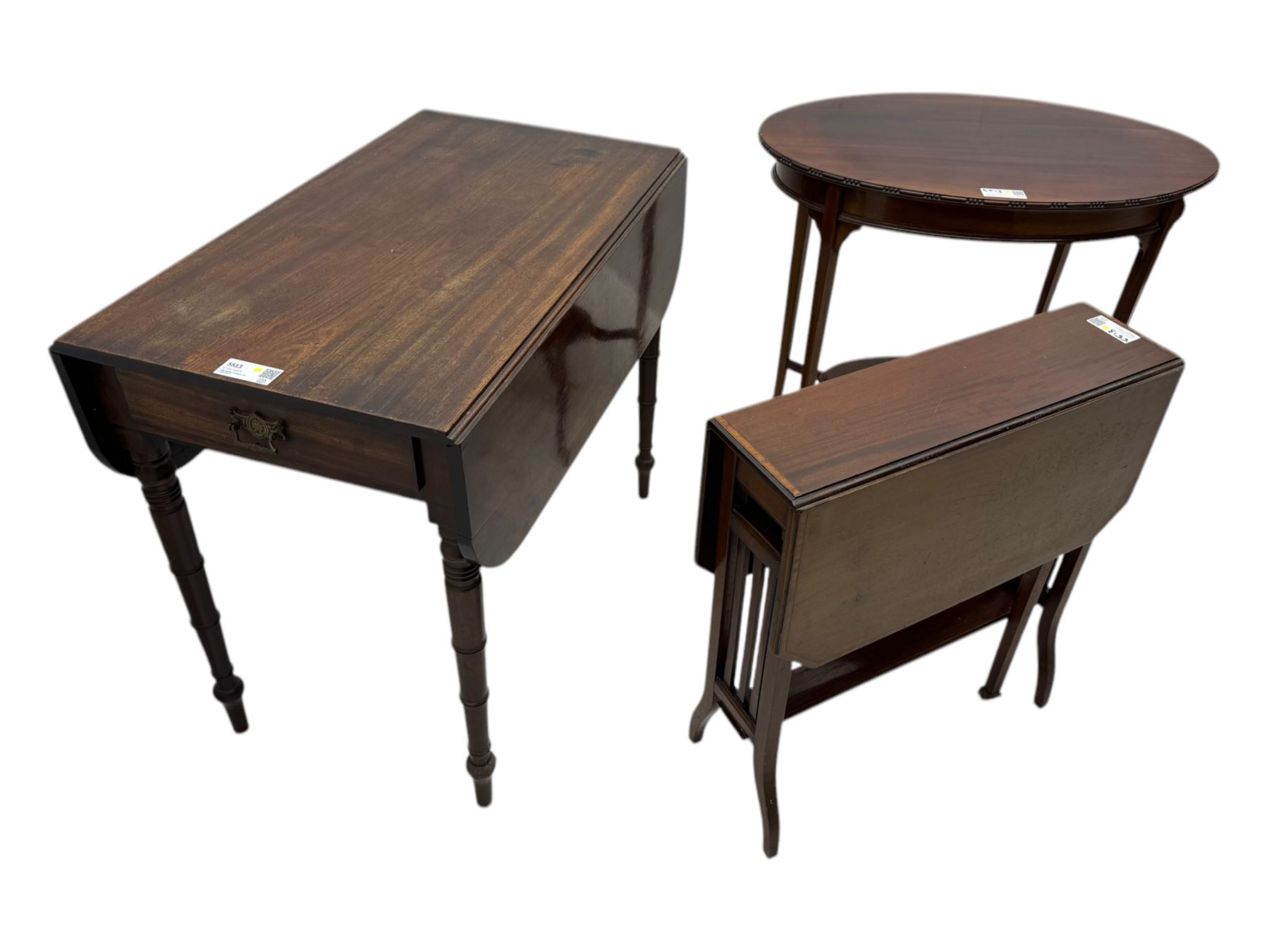 Early 20th century oval mahogany two tier occasional table (76cm x 51cm, H71cm); George III mahogany drop-leaf Pembroke table (48cm x 82cm, H71cm); Edwardian mahogany drop-leaf Sutherland table (W60cm)