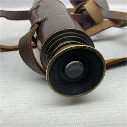 Broadhurst Clarkson brass and leather 4-draw telescope, the first draw with graduations, sliding lens shroud and leather covers for both ends on shoulder strap; marked 'Broadhurst Clarkson & Co. Ltd. 63 Farringdon Road London E.C.', L87cm fully extended; together with a WWI brass marching compass marked F-L No.123113 1918 (broad arrow); crudely etched L.H. McD. Latham; in associated Brooks & Co. leather case dated 1913 stamped W.B. Constable (2)