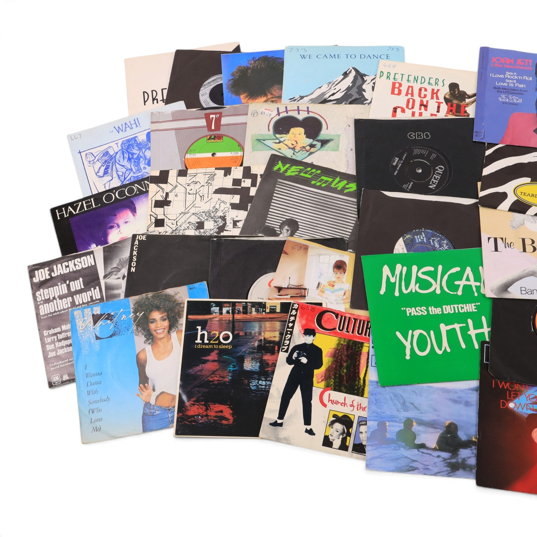 Collection of 7 inch mostly Rock/Pop 45s, including Queen, Pretenders, Duran Duran, The Police, Blondie, Whitney Houston, Culture Club, Meatloaf, etc 