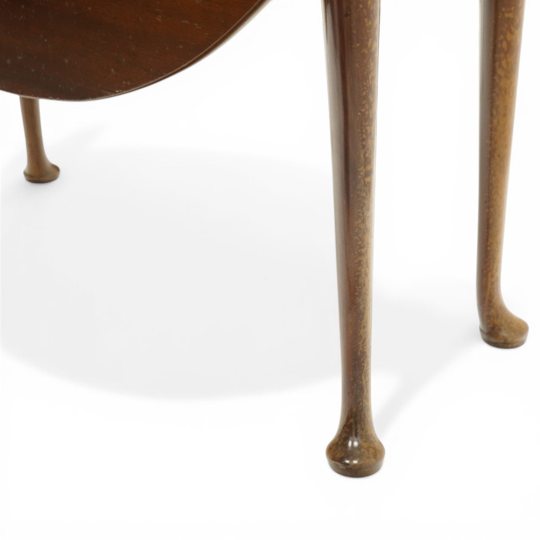 Mid 18th century mahogany pad foot drop leaf table, the circular top with gate leg action, freshly polished throughout
