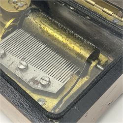 Small late 19th/early 20th century Swiss walnut cased musical box, the overglazed movement with 5cm cylinder and thirty-five tooth comb; the lid with card inscribed 'La Fauvette Salse' and 'Marche de Faust'; under base winding with key; serial no.50443, L12cm