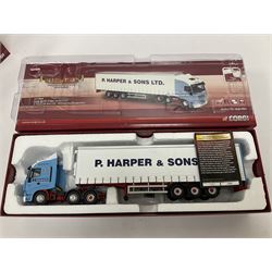 Corgi - Hauliers of Renown, three 1:50 scale models comprising CC14020 Volvo FH Curtainside - McMullan Transport Balleymoney, Co. Antrim, Northern Ireland no.820/1750; CC15006 Iveco Stralis Fridge Curtainside P. Harper & Sons Ltd - Ramsey, Cambridge, no.987/1000; CC15303 Scania 141 Canvas Load R. T. Keedwell Ltd - Highbridge, Somerset no.876/1000; all boxed 