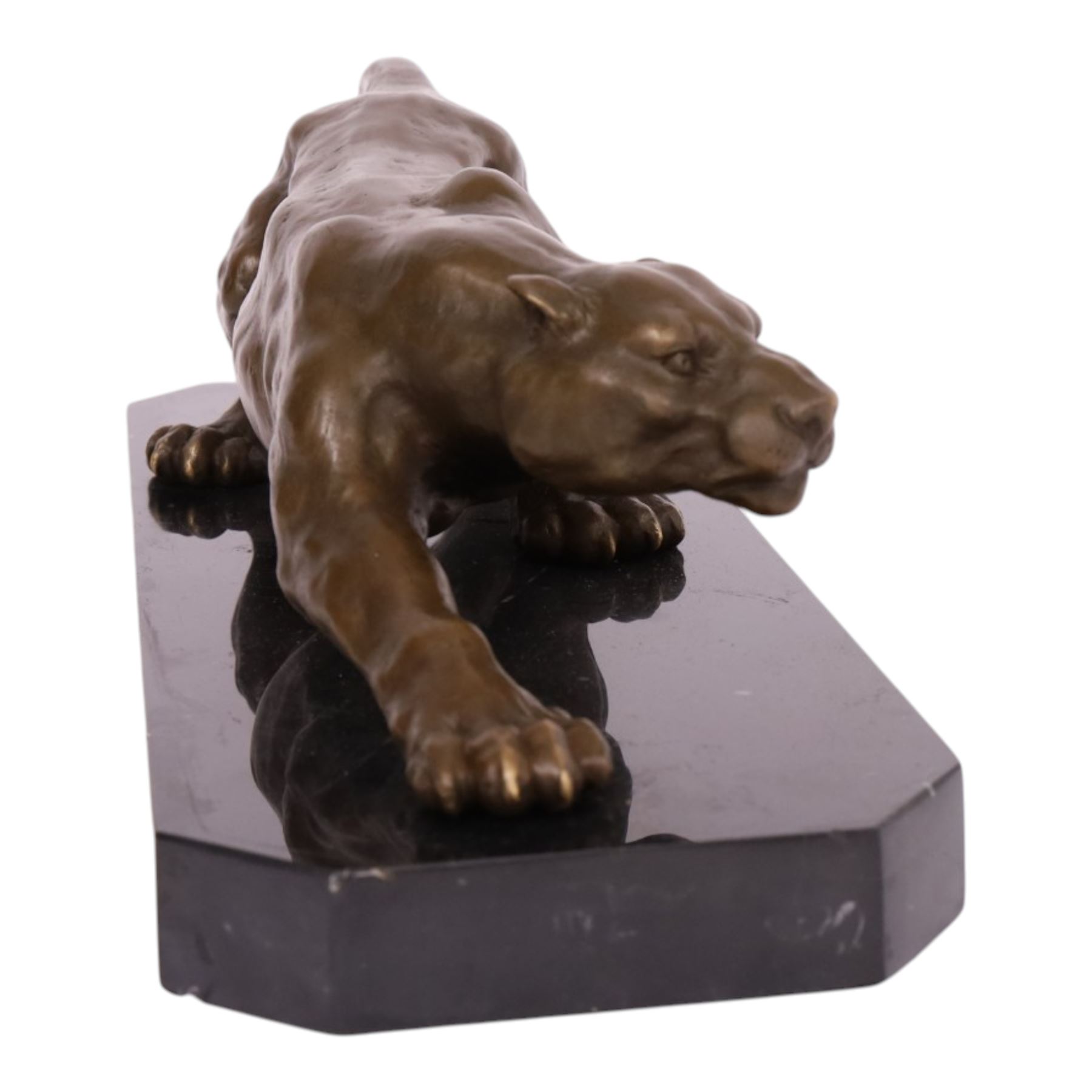 After Milo - bronze modelled as a crouching panther, upon a marble base, H14cm, L
40cm