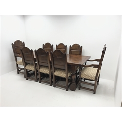 Bylaws Furniture - traditional oak plank top refectory dining, four turned supports connected by H-shaped stretcher (215cm x 89cm, H76cm), and set eight (6+2) dining chairs, stepped arched panelled backs, upholstered seats, turned supports and stretchers