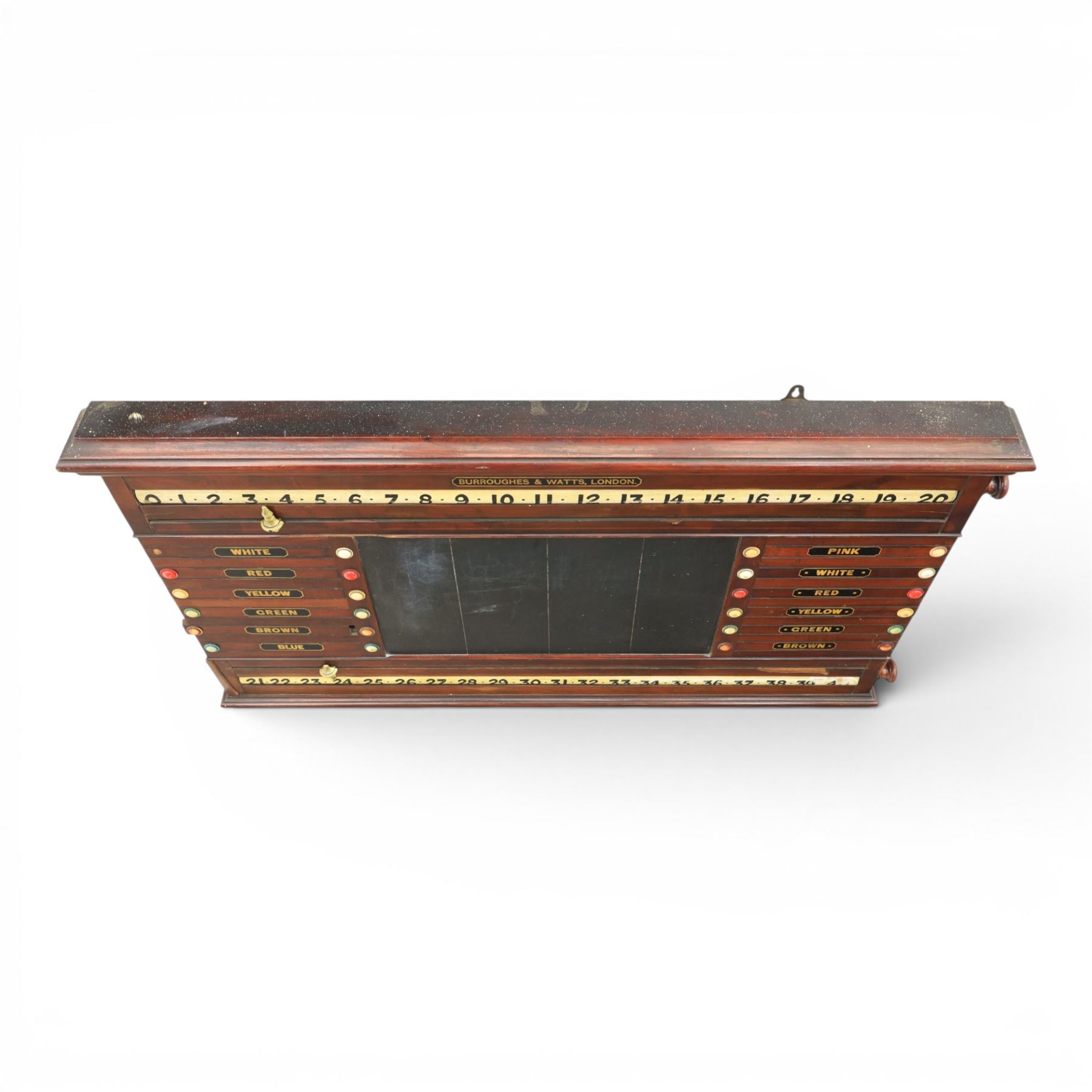 Snooker and Billiard accessories including a Thurston & Co Ltd snooker scoreboard, and Burroughes & Watts, London, billiard ball storage cabinet and white scorer