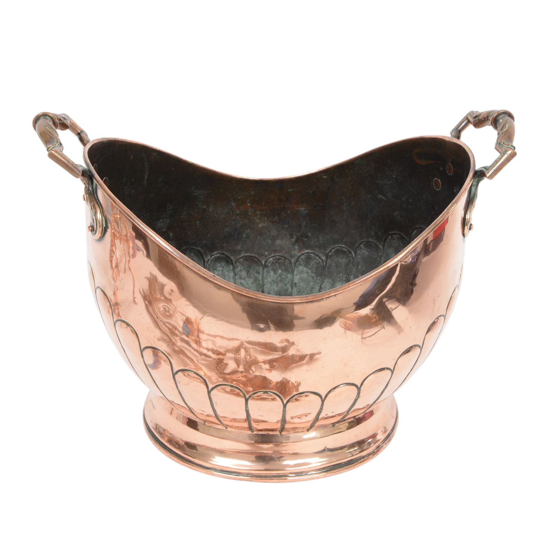 Victorian copper coal bucket, of oval part fluted form with twin handles, H32cm, together with copper fireside accessories