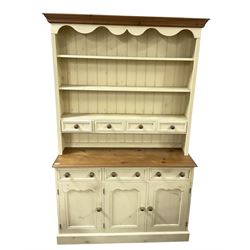 Painted pine dresser, three heights plate rack with drawers, fitted with three drawers and three cupboards