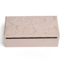ELO Ware - Art Deco white Bakelite cigarette box, circa 1930's, the hinged lid decorated in low relief with mounted Horseback soldier spearing a lion, H6cm, L17cm