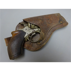  Harrison & Son .297cal six-shot revolver with grey finish, fitted ejector with chequer walnut grip, L19cm, with tooled leather Holster stamped W. Yandotte (2)   
