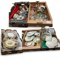 Two Coalport trios, decorated with birds and flowers, together with coloured glass decante...