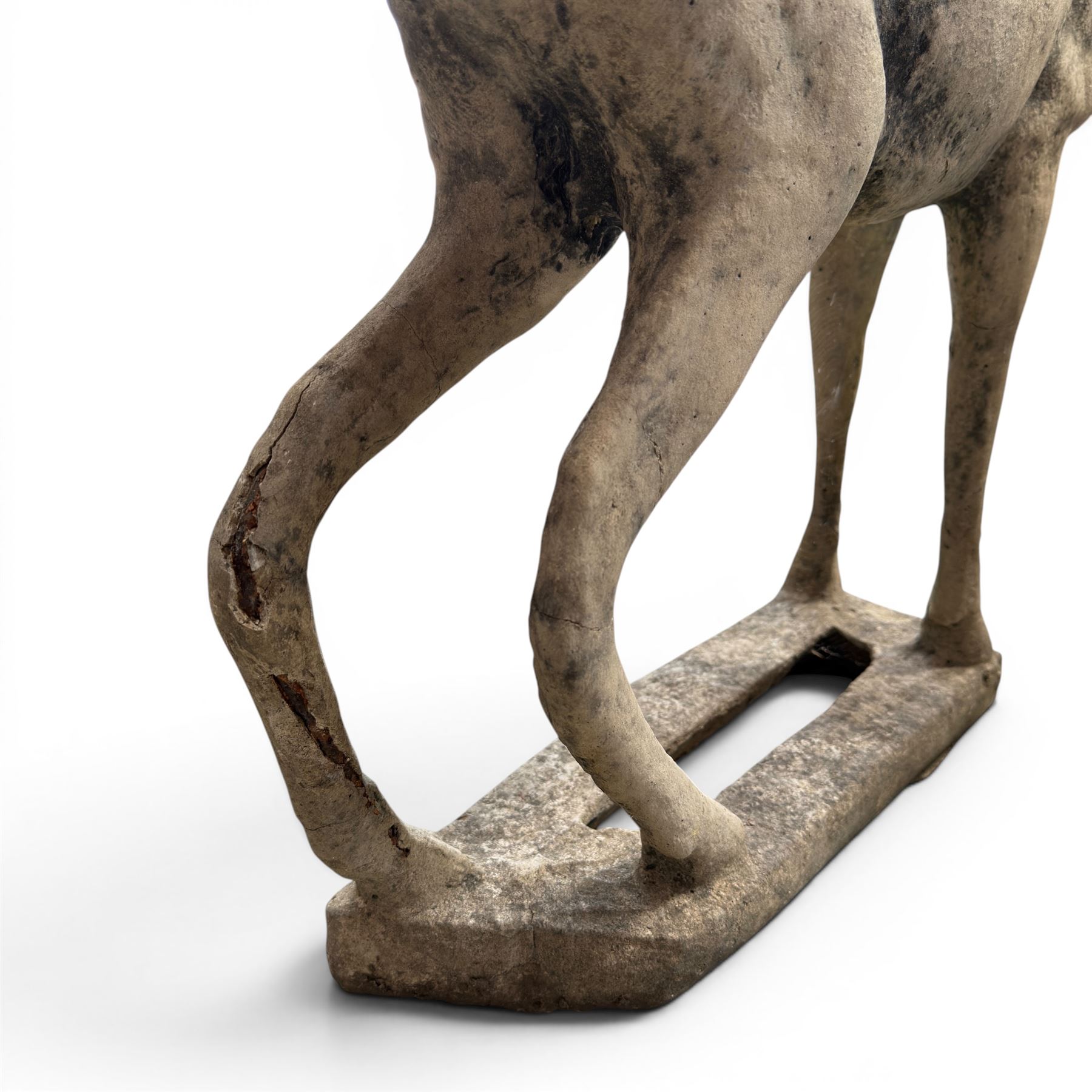 Pair of cast stone garden deer in a weathered finish with two loose antlers