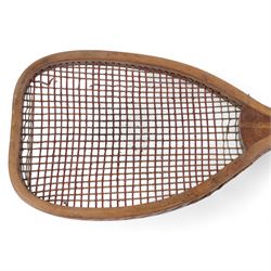 Late Victorian George Bussey & Co. London 'The Victor' flat topped tennis racket, inscribed Victor, G.Bussey London and R. J. Ward Gt. Yarmouth verso, H69cm