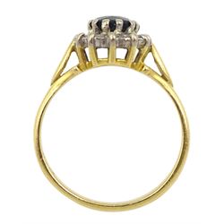 Gold oval sapphire and diamond cluster ring, stamped 18ct