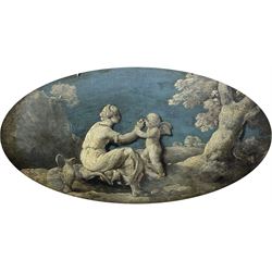 Circle of Jacob De Wit (Dutch 1695-1754): Aphrodite and Eros, oval oil on 18th century oak panel unsigned 22cm x 43cm (unframed)