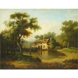 Circle of Patrick Naysmith (British 1787-1831): Figures by a Lakeside Cottage, oil on panel unsigned, red wax collector’s seal verso 35cm x 44cm