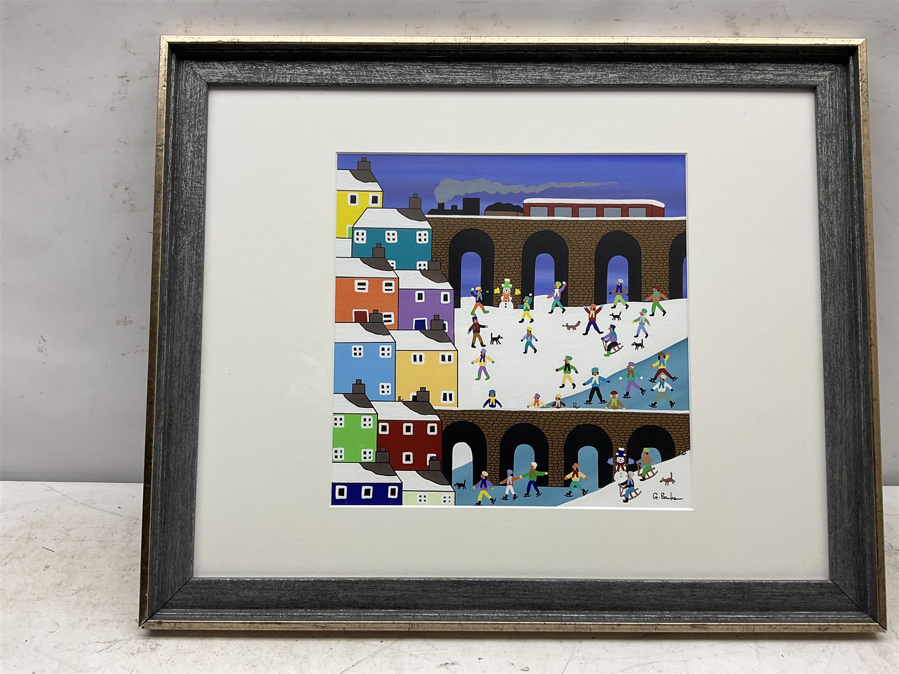 Gordon Barker (British 1960-): Sledging by the Viaduct, acrylic on paper signed 28cm x 28cm