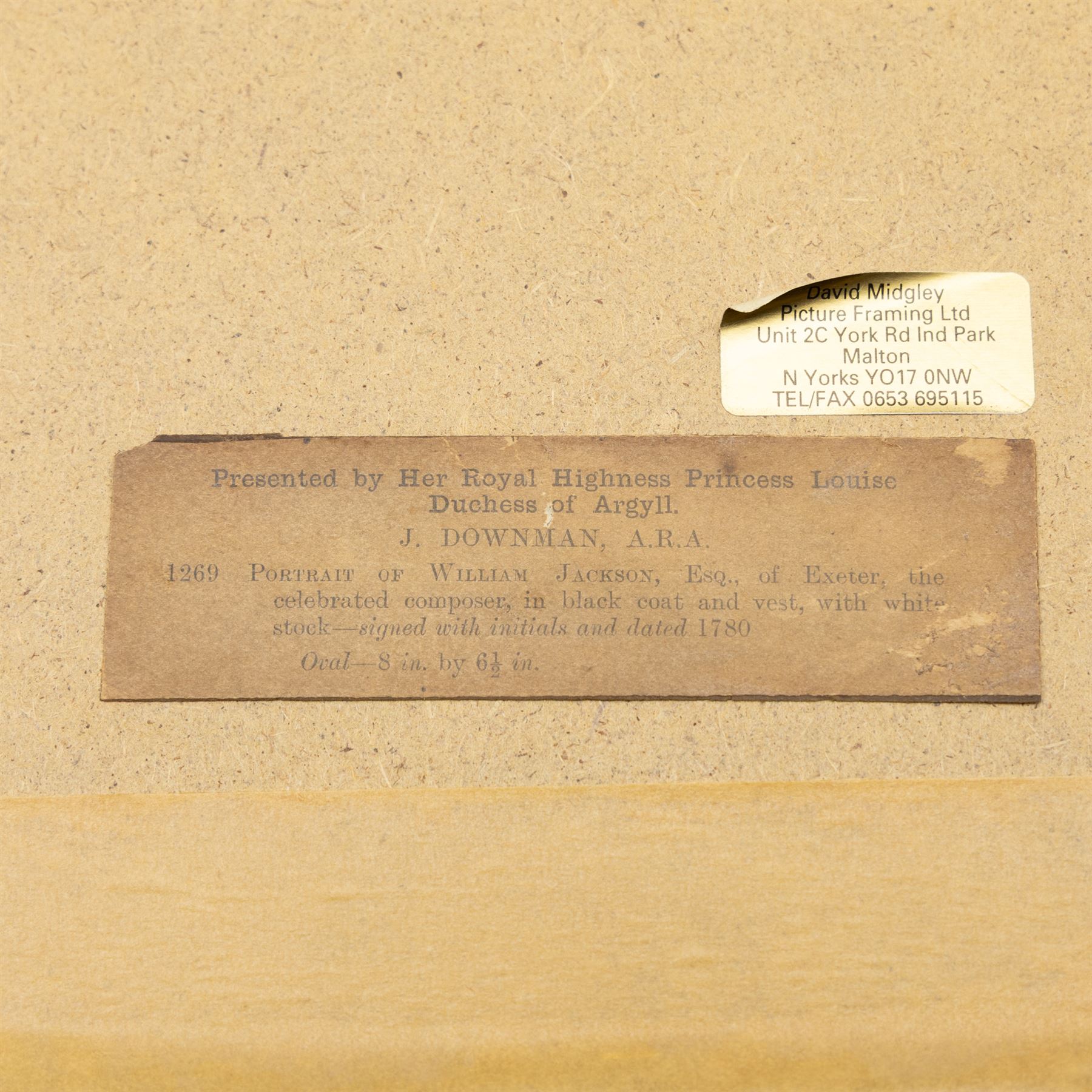 John Downman (British 1750-1824): 'Portrait of William Jackson Esquire of Exeter - The Celebrated Composer', oval watercolour signed with initials and dated 1780, inscribed below with label verso 20cm x 16.5cm
Provenance: Presented by Her Royal Highness Princess Louise Duchess of Argyll