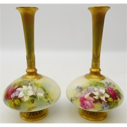 Pair Royal Worcester blush ivory bottle vases painted with floral sprays c1912, H19cm   