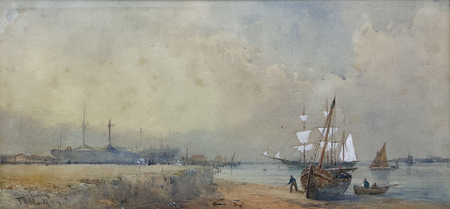 After Thomas Bush Hardy (British 1842-1897): Beached Ship and Figures near Dock, watercolour signed 'T B Hardy' 16cm x 34cm