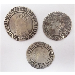 Three Elizabeth I hammered silver coins undated shilling, 1569 sixpence with rose and date and 1574 sixpence with rose and date (3)  