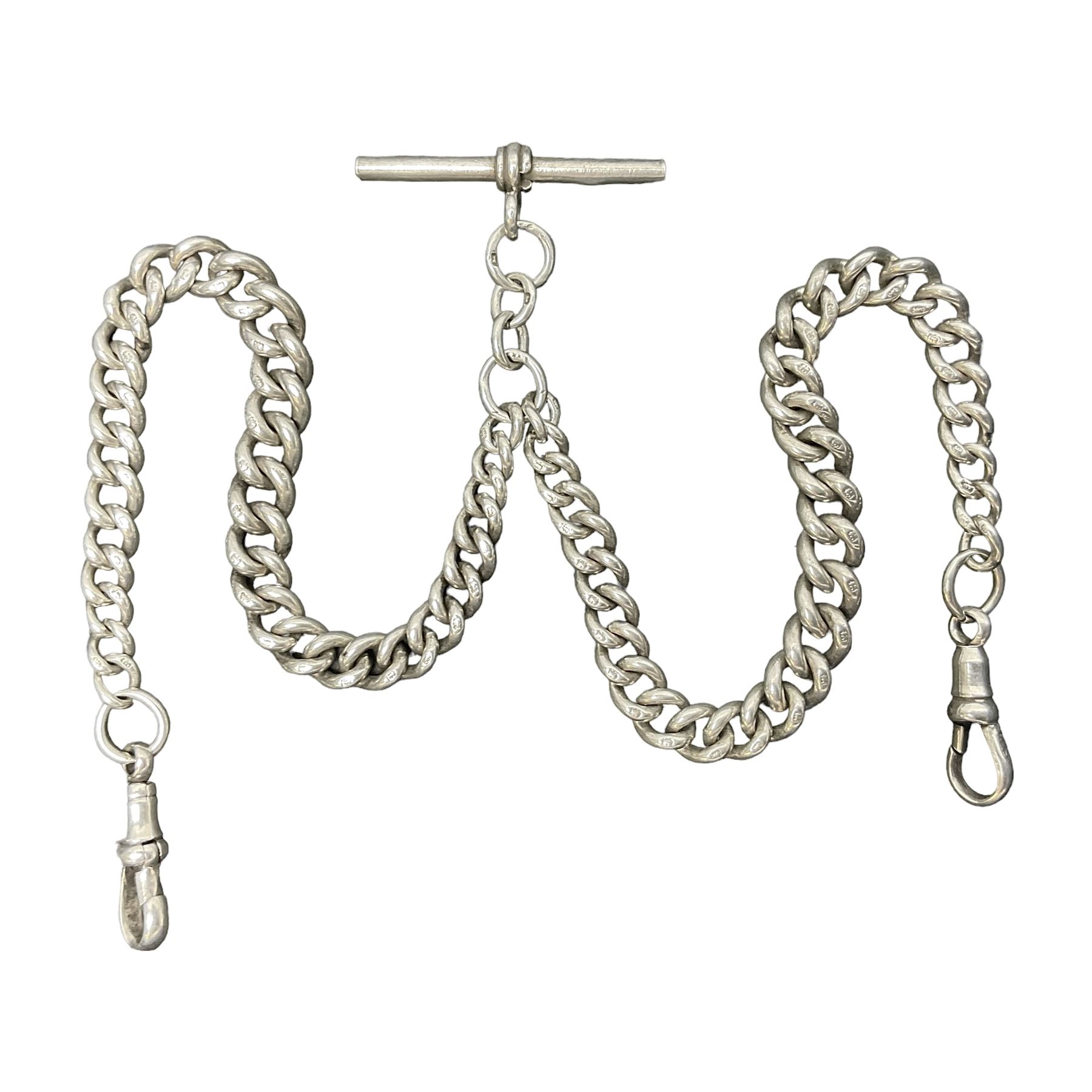 Early 20th century silver tapering Albert chain, hallmarked to T bar and clips, with lion passant stamped on each link