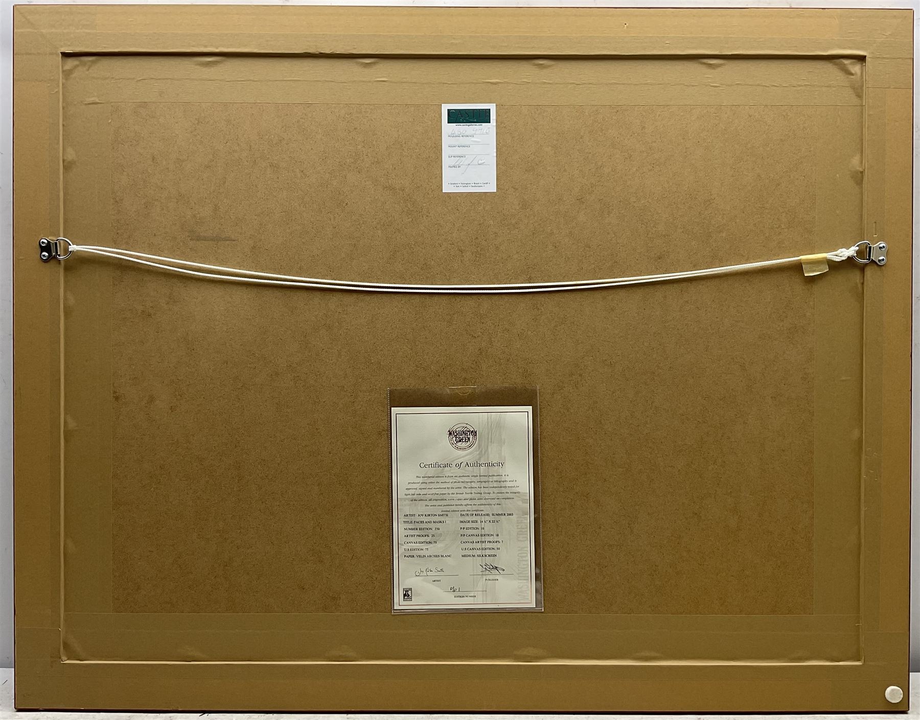 Joy Kirton Smith (British Contemporary): ‘Faces and Masks I & II’, pair printer's prof silkscreen prints on canvas signed and numbered 1/10, 37cm x 57cm (2) 