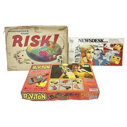 Vintage games comprising Waddington’s 1960s ‘Risk’, Milton Bradley Ltd. ‘Newsdesk’ 1976 and Palitoy ‘Riviton’ 1977 expanded building set