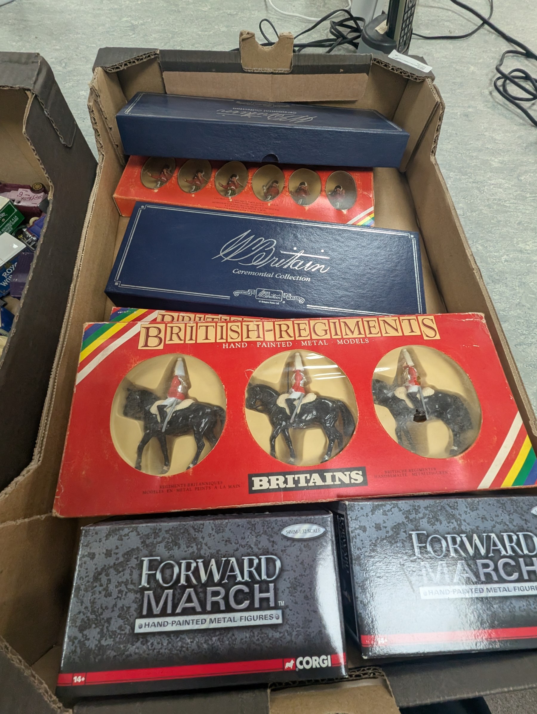 Collection of Britains painted model soldiers and similar, boxed, together with diecast model cars, including LLedo and Matchbox