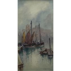 Frank Rousse (British fl.1897-1917): Fishing Boats in Dock End Whitby Harbour, watercolour signed 47cm x 24cm