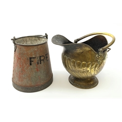 An early 20th century fire sand bucket, excluding handle H31cm, together with a brass coal scuttle. 