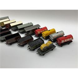 Hornby Dublo - twenty unboxed wagons including seven tank wagons for United Dairies, Traffic Services, Power Petrol, Mobile, Shell, Vacuum and Esso, brake vans, covered wagons, open wagons, timber carrier, cable drum wagon etc (20)